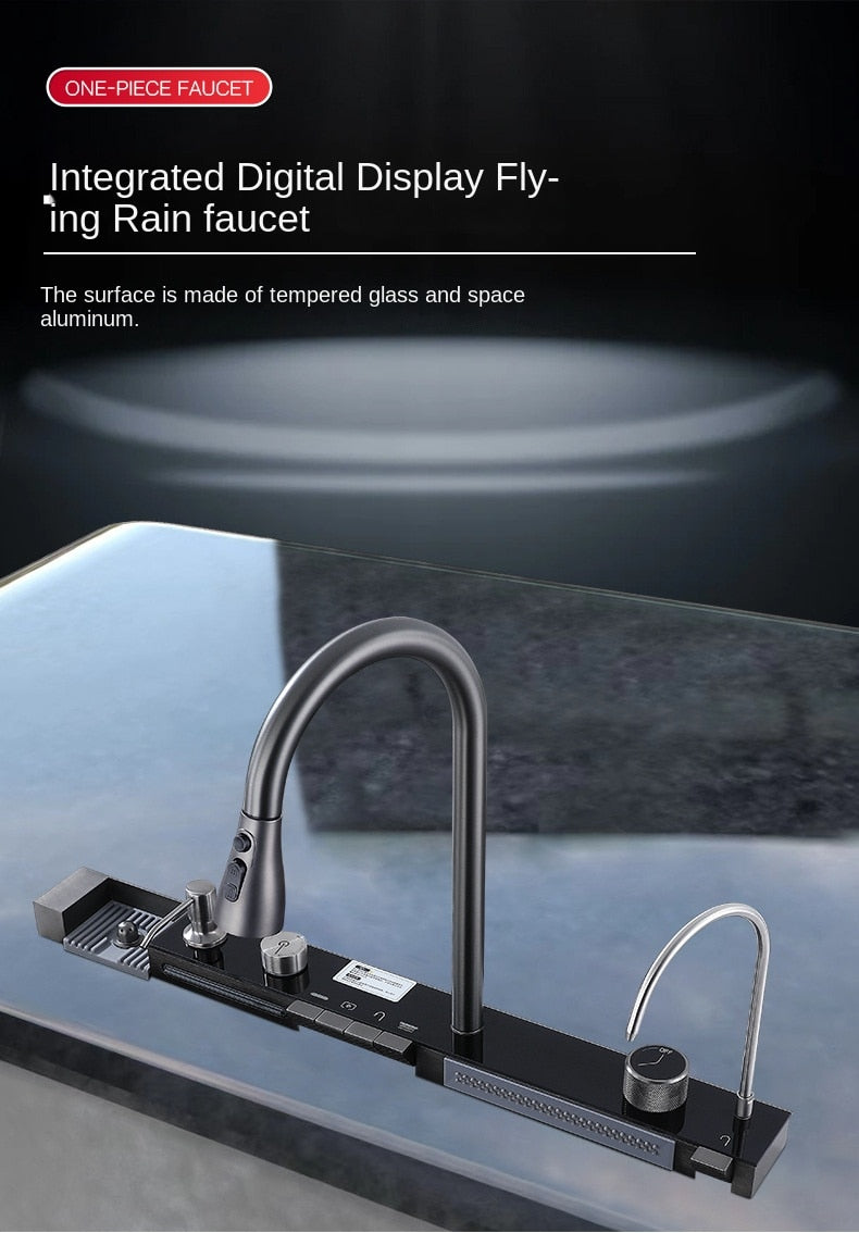 304 Stainless Steel Kitchen Sink Double Waterfall Single Slot Integrated Digital Display Faucet Set Soap dispenser Cup Washer