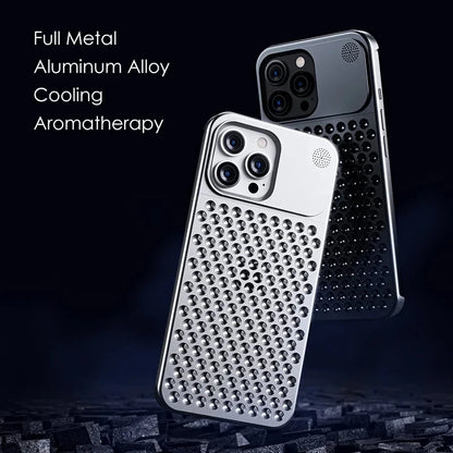 Metal Heat Dissipation Phone Case For iPhone 13 12 14 15 Pro Max Plus Cooling Fragrance Rimless Hollow Aluminum Shockproof Cover