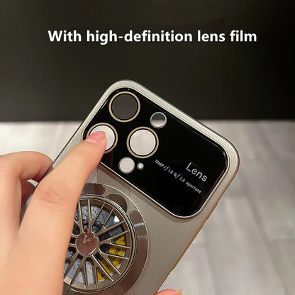 Invisible Holder Magsafe Case For iPhone 15 Pro Max 13 12 11 14 Promax Spinning Top Plating Matte Case With Full Glass Lens Film