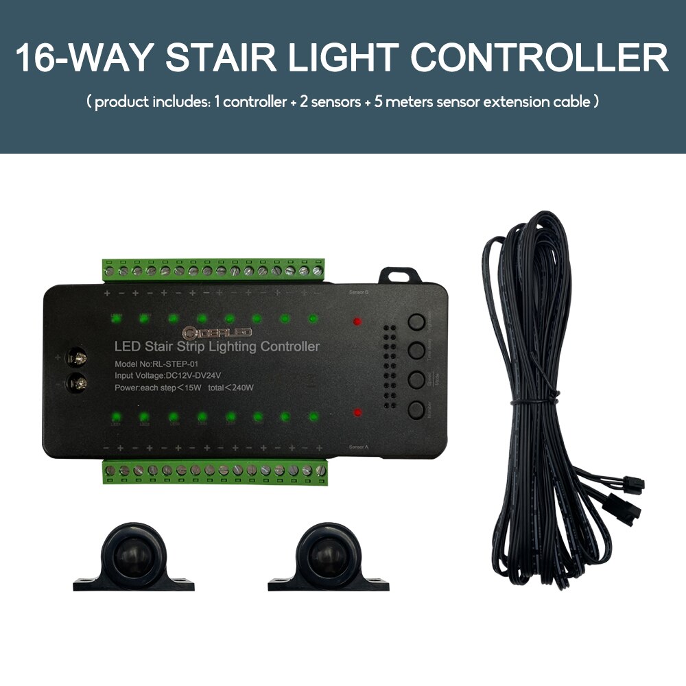LED Motion Sensor COB Light Strip Stair 16 Channel Smart Controller Indoor Motion Night light for 12-16 Step Stair Lights