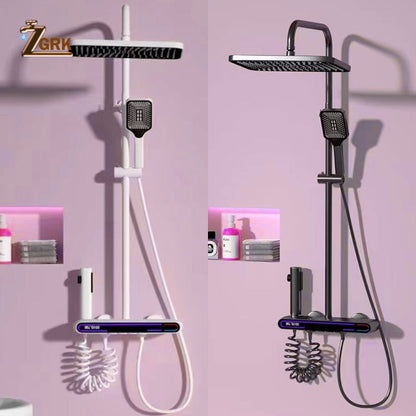 Gun Ash Shower Set LED Hydroelectric Power Digital Display Shower Mixer Tap Piano Button Rain Shower White Shower System