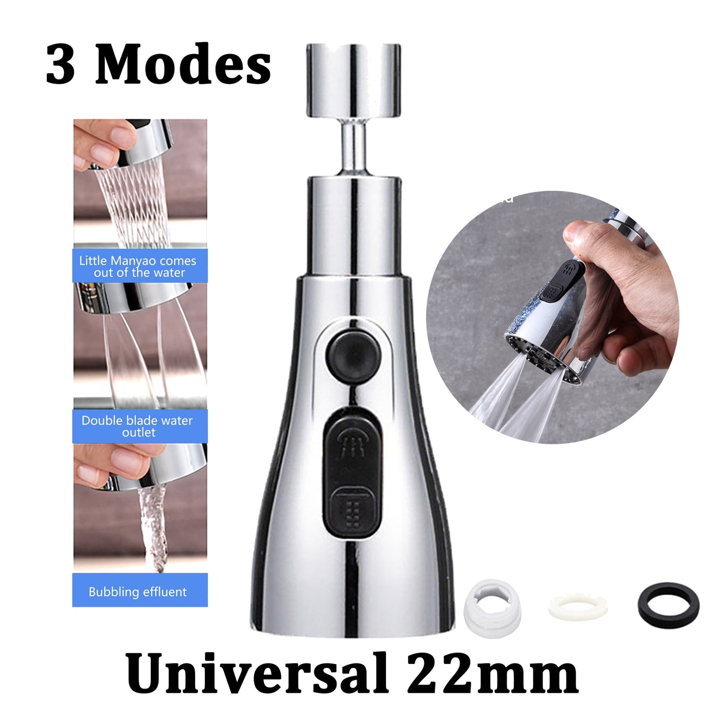 3 Mode Shower Head Kitchen Tap 360° Rotatable Kitchen Flush High-Pressure W/ Faucet Sprayer Tap Replacement Kitchen Button K7C0