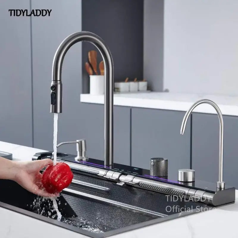 Kitchen Waterfall Sink Digital Display Large Single Slot Stainless Steel Sink Multifuctional Sink Integrated Waterfall Faucet