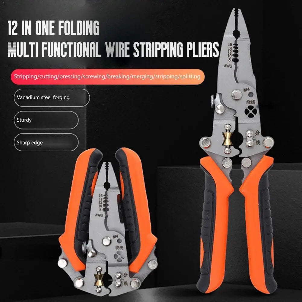 12 In 1 Multifunctional Wire Stripper Crimper Cable Cutter Pliers, Upgraded Foldable Electrical Wire Stripping Tool For Cutting