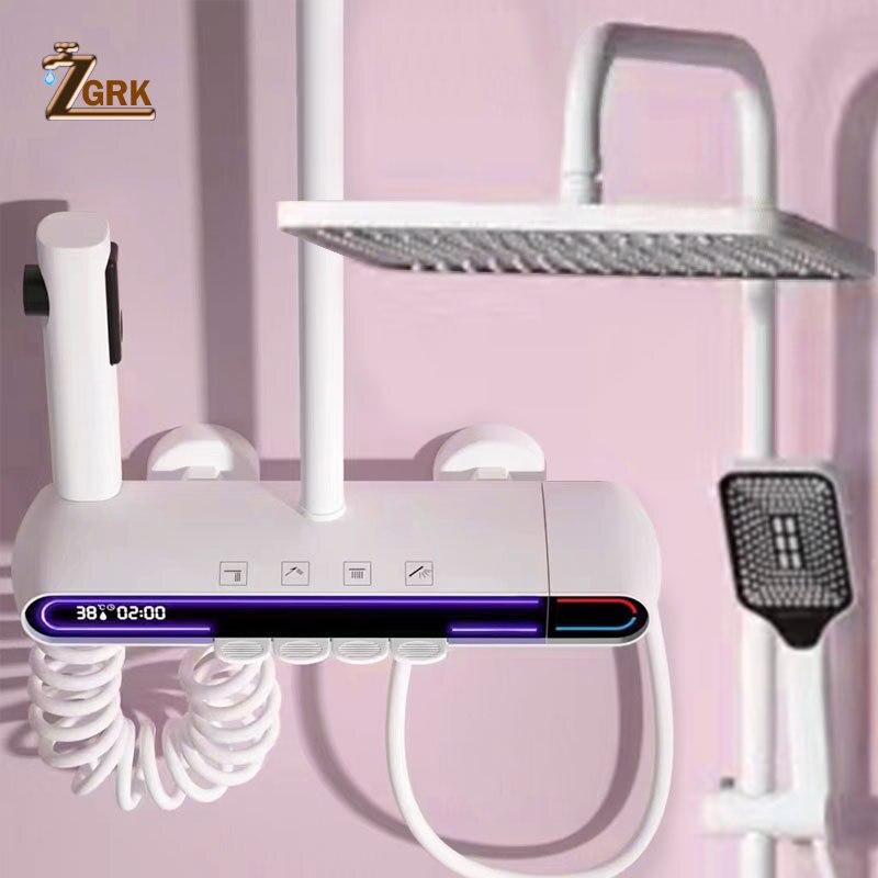 Gun Ash Shower Set LED Hydroelectric Power Digital Display Shower Mixer Tap Piano Button Rain Shower White Shower System