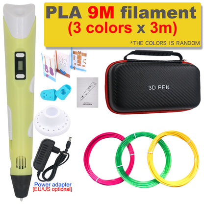 3D Pen 3D Printing Pen DIY Drawing Pen 200M PLA Filament Kids Birthday Kids Christmas Gift with Power Adapter Travel Storage Box