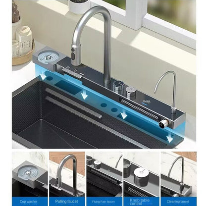 75cmx46cm 304 Stainless Steel Kitchen Sink, Piano Button, Nano Honeycomb Integrated Waterfall Faucet Vegetable Basin Set