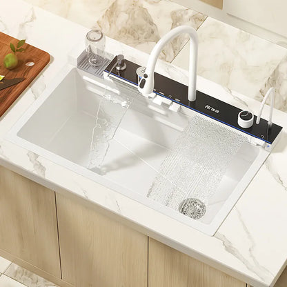 Stainless Steel Kitchen Sink Smart White Large Single Bowl Nano Digital Display Washbasin Multifunctional Waterfall Sink Faucet