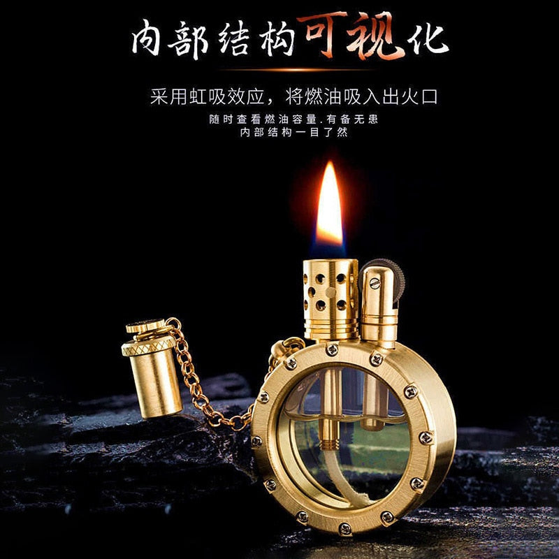 Handmade Pure Copper Gasoline Lighter Round Kerosene Oil Inflated Lighters WithTransparent Oil Tank Creative Men Collection Gift