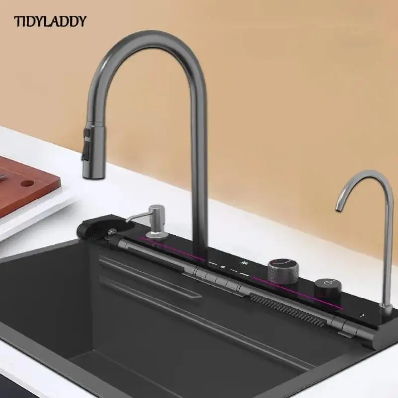 Kitchen Waterfall Sink Digital Display Large Single Slot Stainless Steel Sink Multifuctional Sink Integrated Waterfall Faucet