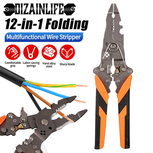 High-carbon Steel Wire Stripping Pliers Foldable 12 in 1 Wire Stripping Tool Non-Slip Comfortable Electrician Crimpe Pliers