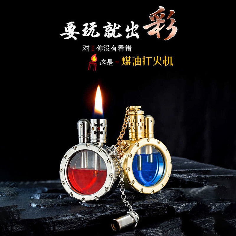 Handmade Pure Copper Gasoline Lighter Round Kerosene Oil Inflated Lighters WithTransparent Oil Tank Creative Men Collection Gift