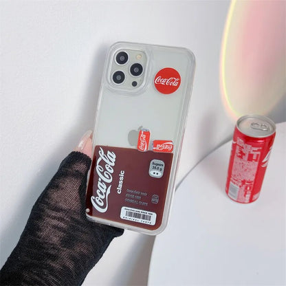 Ins Drinks Label Brown Liquid Case for iphone 14 13 Pro Max 15 12 Hard Cover Transparent Fashion Floating Cola in Back Coque Cap
