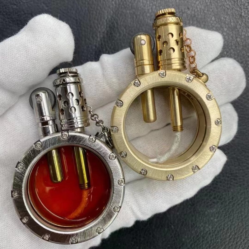 Handmade Pure Copper Gasoline Lighter Round Kerosene Oil Inflated Lighters WithTransparent Oil Tank Creative Men Collection Gift