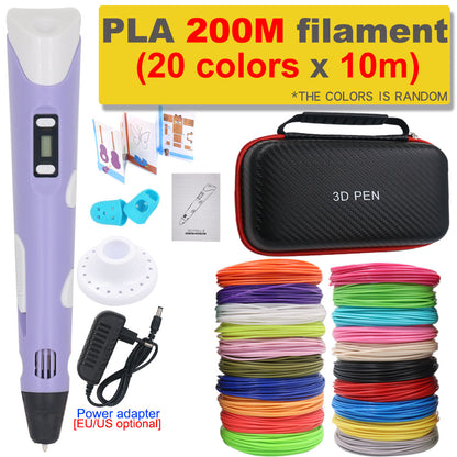 3D Pen 3D Printing Pen DIY Drawing Pen 200M PLA Filament Kids Birthday Kids Christmas Gift with Power Adapter Travel Storage Box