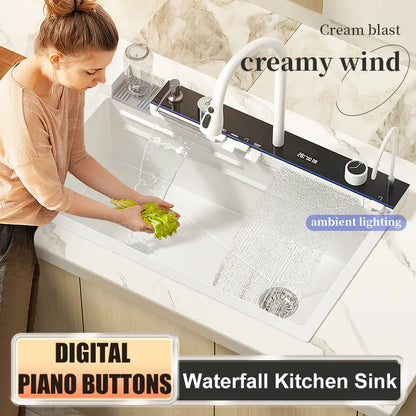 Stainless Steel Kitchen Sink Smart White Large Single Bowl Nano Digital Display Washbasin Multifunctional Waterfall Sink Faucet
