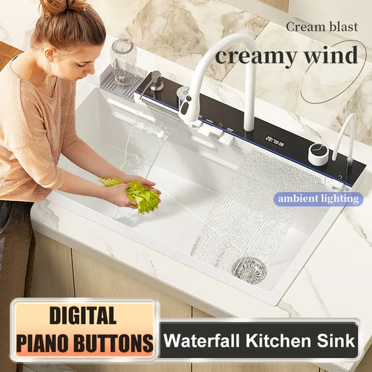 Stainless Steel Kitchen Sink Smart White Large Single Bowl Nano Digital Display Washbasin Multifunctional Waterfall Sink Faucet