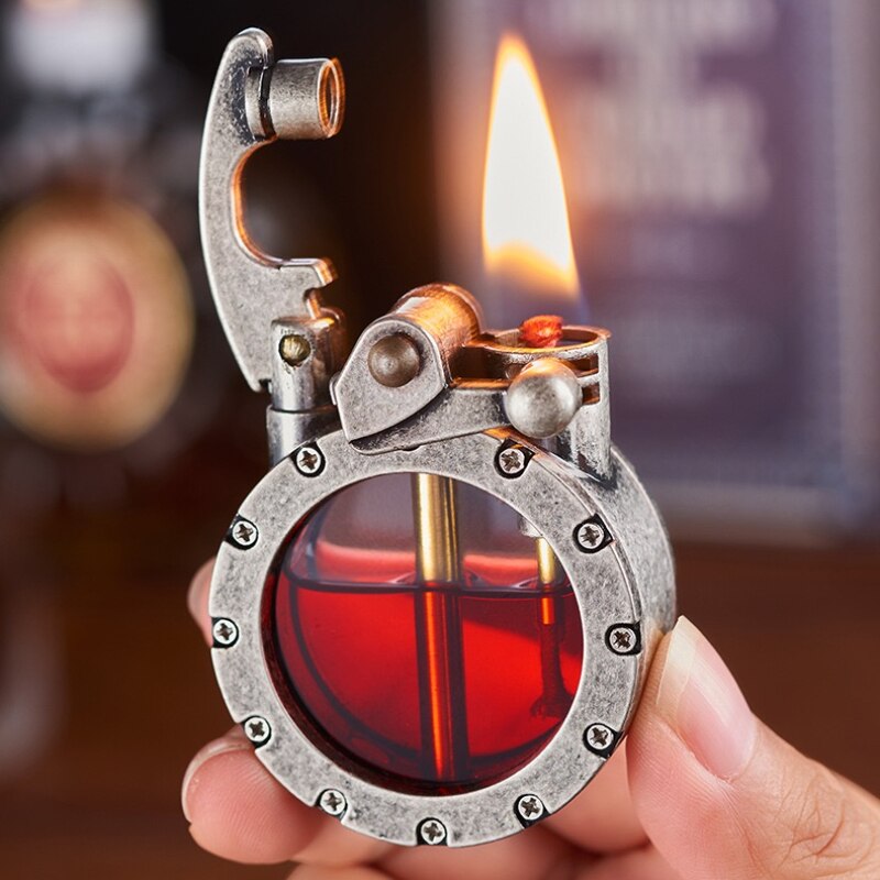 Handmade Pure Copper Gasoline Lighter Round Kerosene Oil Inflated Lighters WithTransparent Oil Tank Creative Men Collection Gift