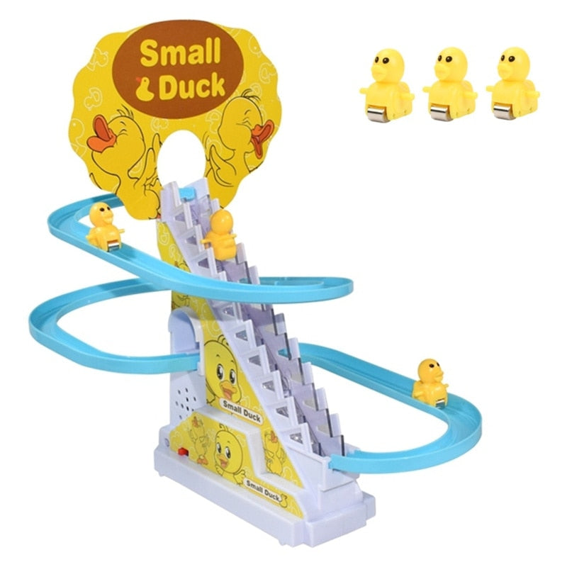 DIY Rail Racing Track Electric Small Duck Climbing Stairs Toy Pig Action Figures Toys Music Roller Coaster Toy For Kids Gift