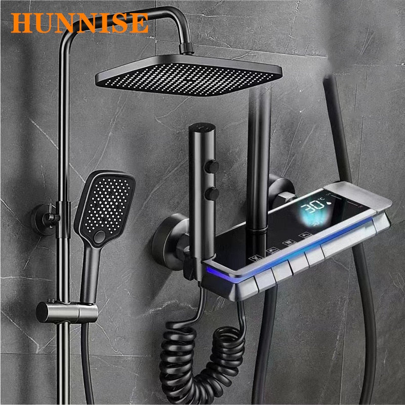 Newly Piano Digital Shower Set of 12 Inch Rainfall Shower Head Hot Cold Bathroom Mixer Faucets Brass Grey Digital Shower System