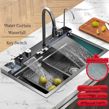 304 Stainless Steel Kitchen Sink Double Waterfall Single Slot Integrated Digital Display Faucet Set Soap dispenser Cup Washer