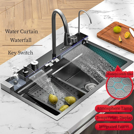 304 Stainless Steel Kitchen Sink Double Waterfall Single Slot Integrated Digital Display Faucet Set Soap dispenser Cup Washer