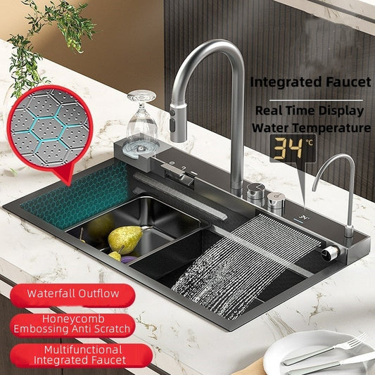 75cmx46cm 304 Stainless Steel Kitchen Sink, Piano Button, Nano Honeycomb Integrated Waterfall Faucet Vegetable Basin Set